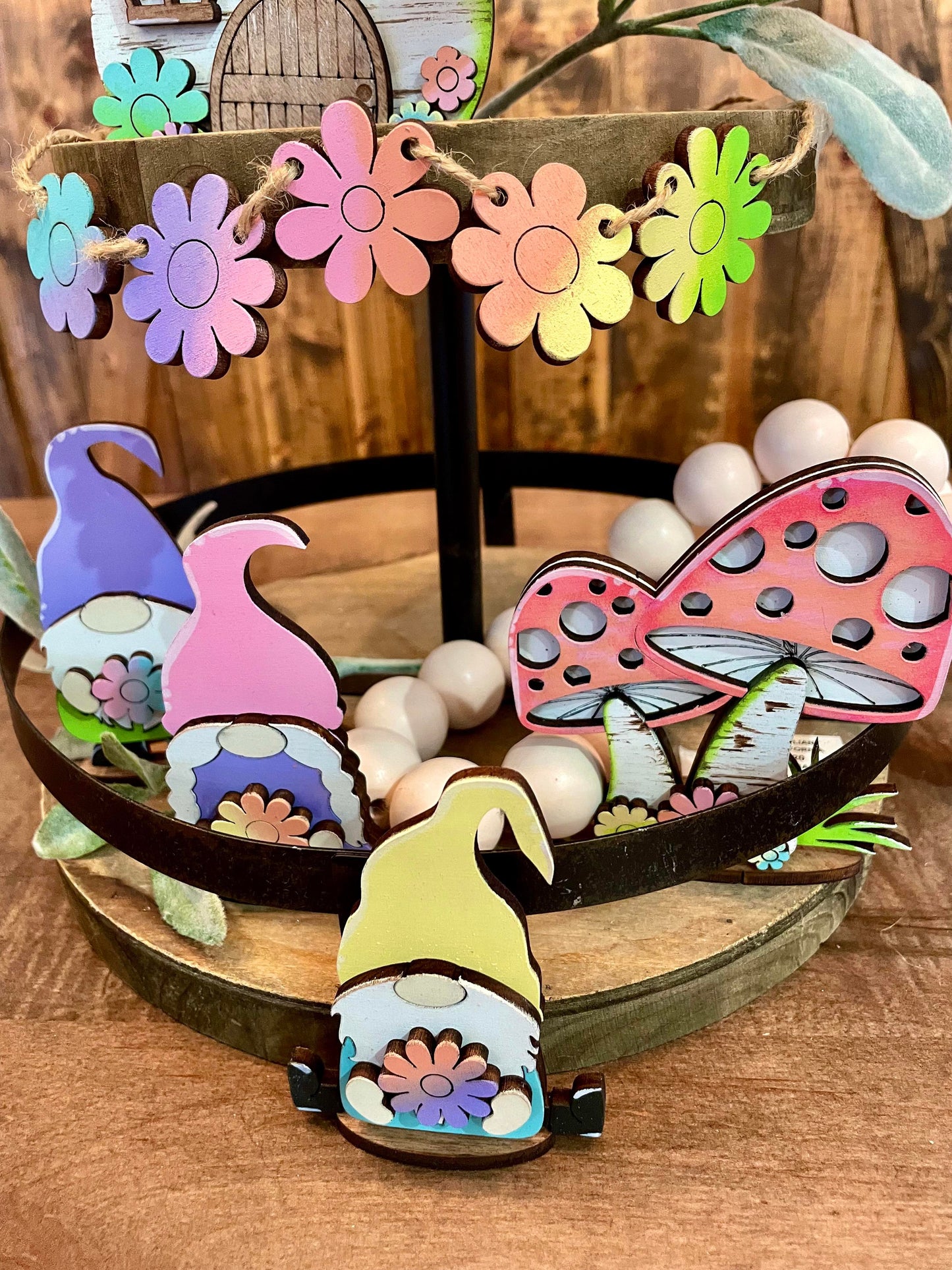 3D Tiered Tray Decor - Spring is in the air with Gnomes and Mushrooms
