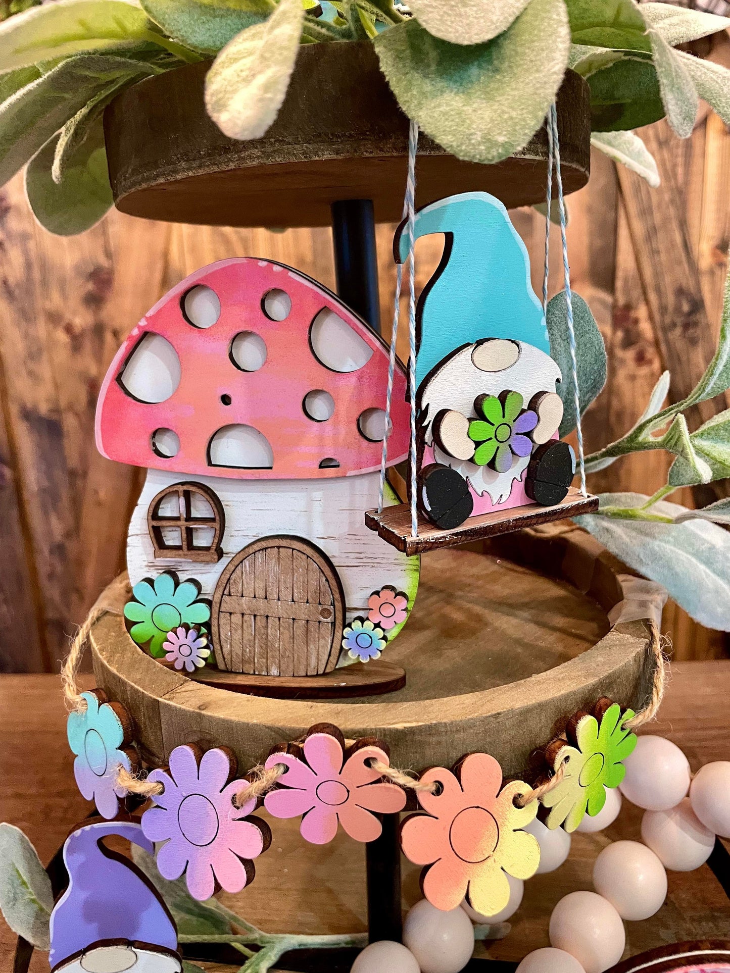 3D Tiered Tray Decor - Spring is in the air with Gnomes and Mushrooms