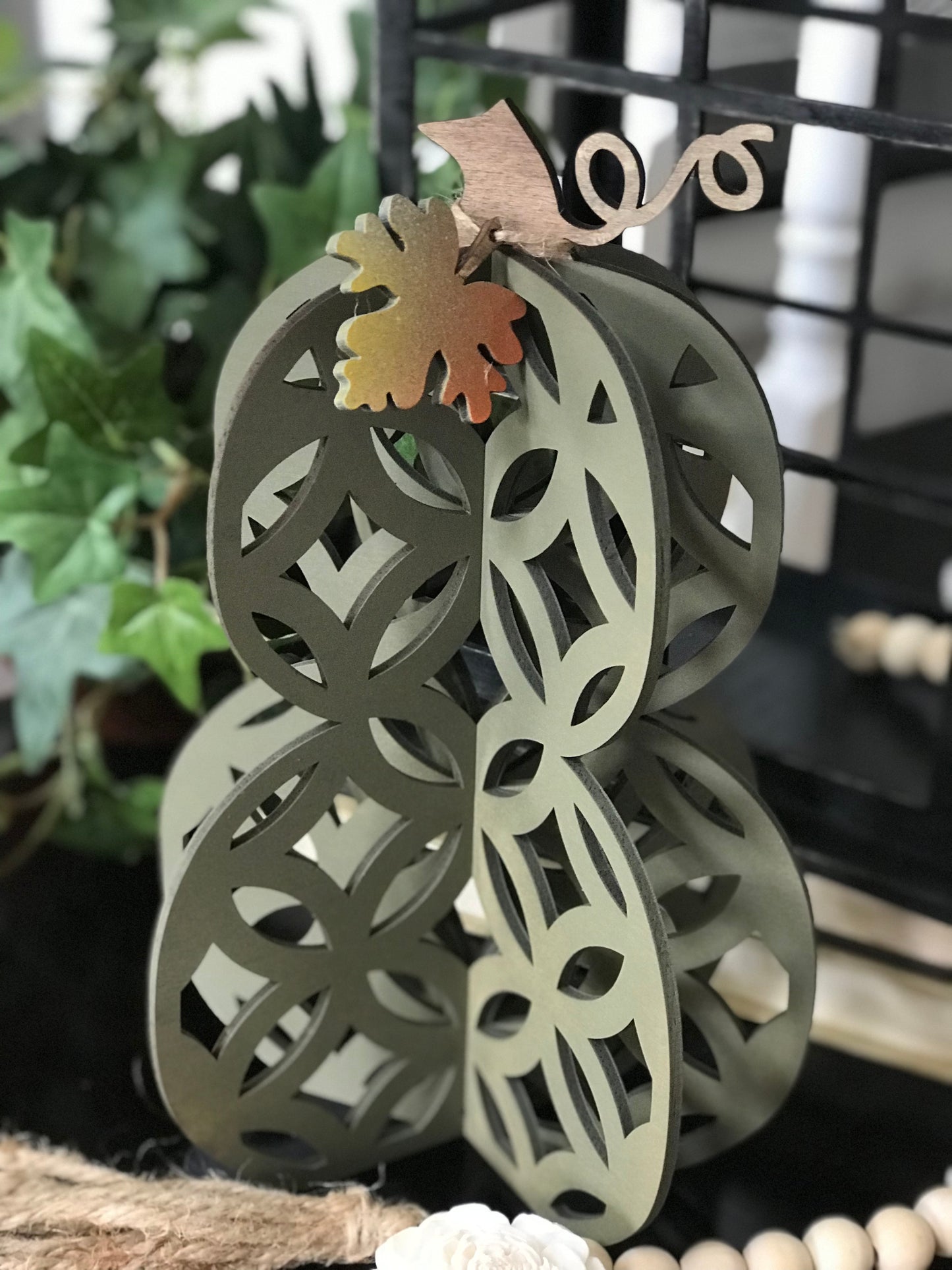 3D Decorative Standing Double Stacked Pumpkins with Leaf