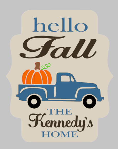 Door hanger Hello Fall truck with pumpkin and family name