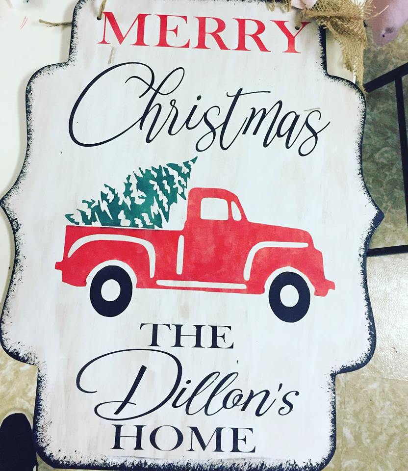Door hanger Merry Christmas truck with tree and family name