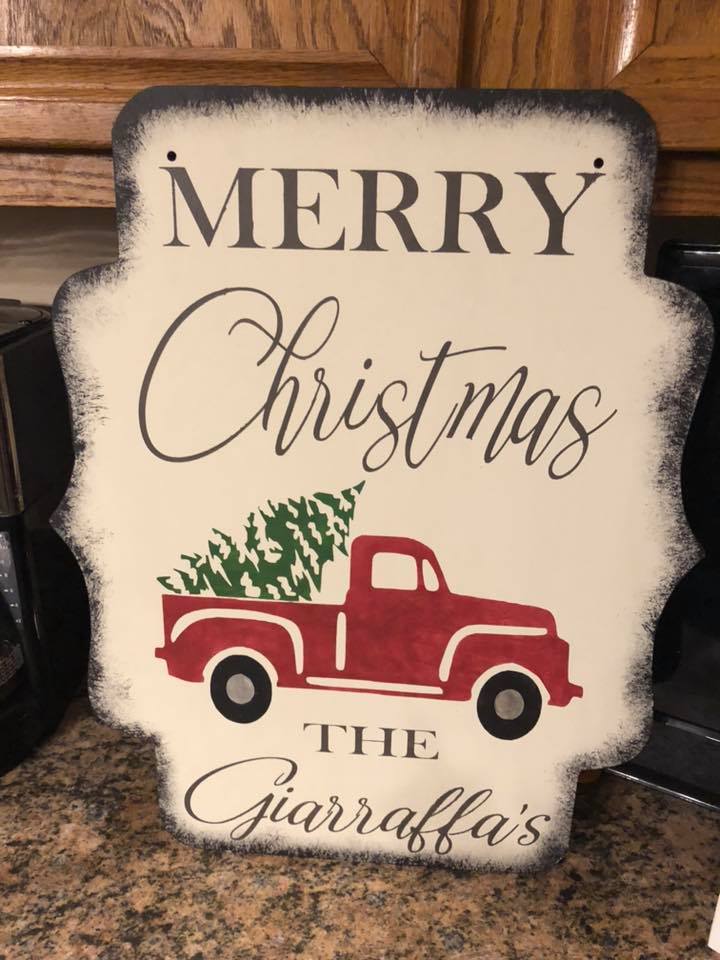 Door hanger Merry Christmas truck with tree and family name