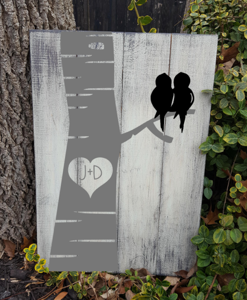 Tree with birds-couples initials in tree