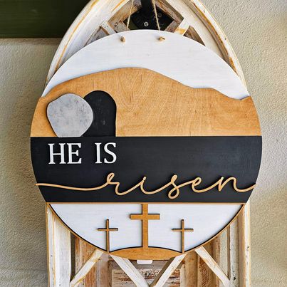 3D Door hanger He is Risen with crosses Empty Tomb