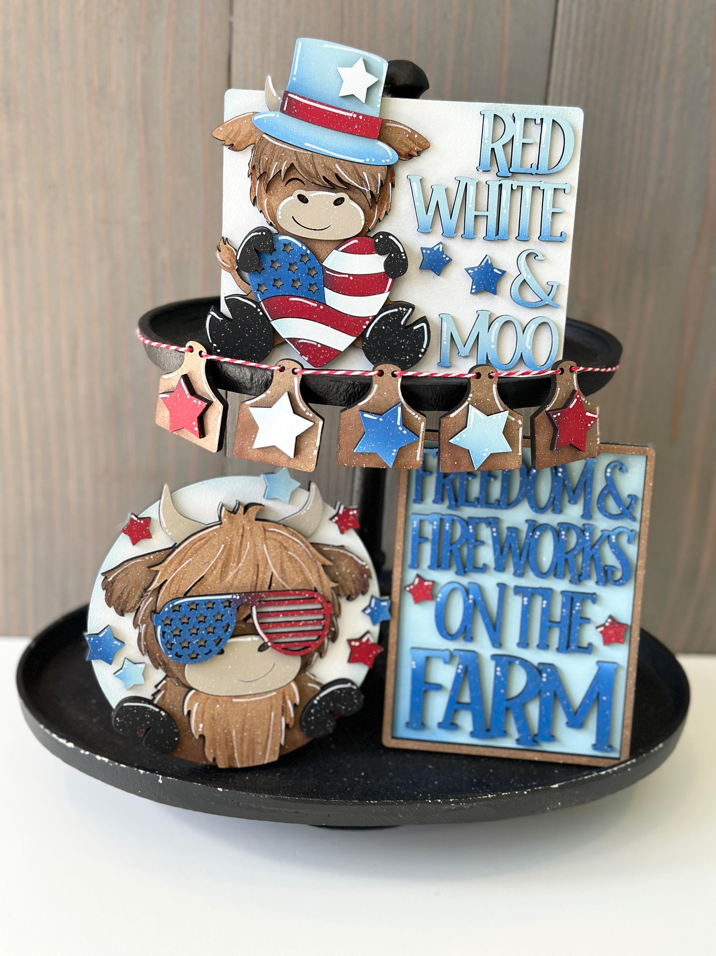 3D Tiered Tray Decor - Patriotic Cow