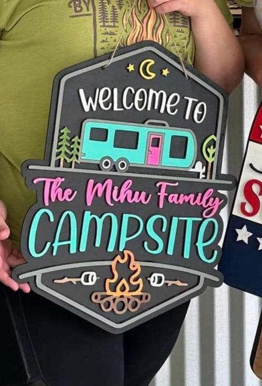 3D Door hanger - Welcome to the Family Name Campsite