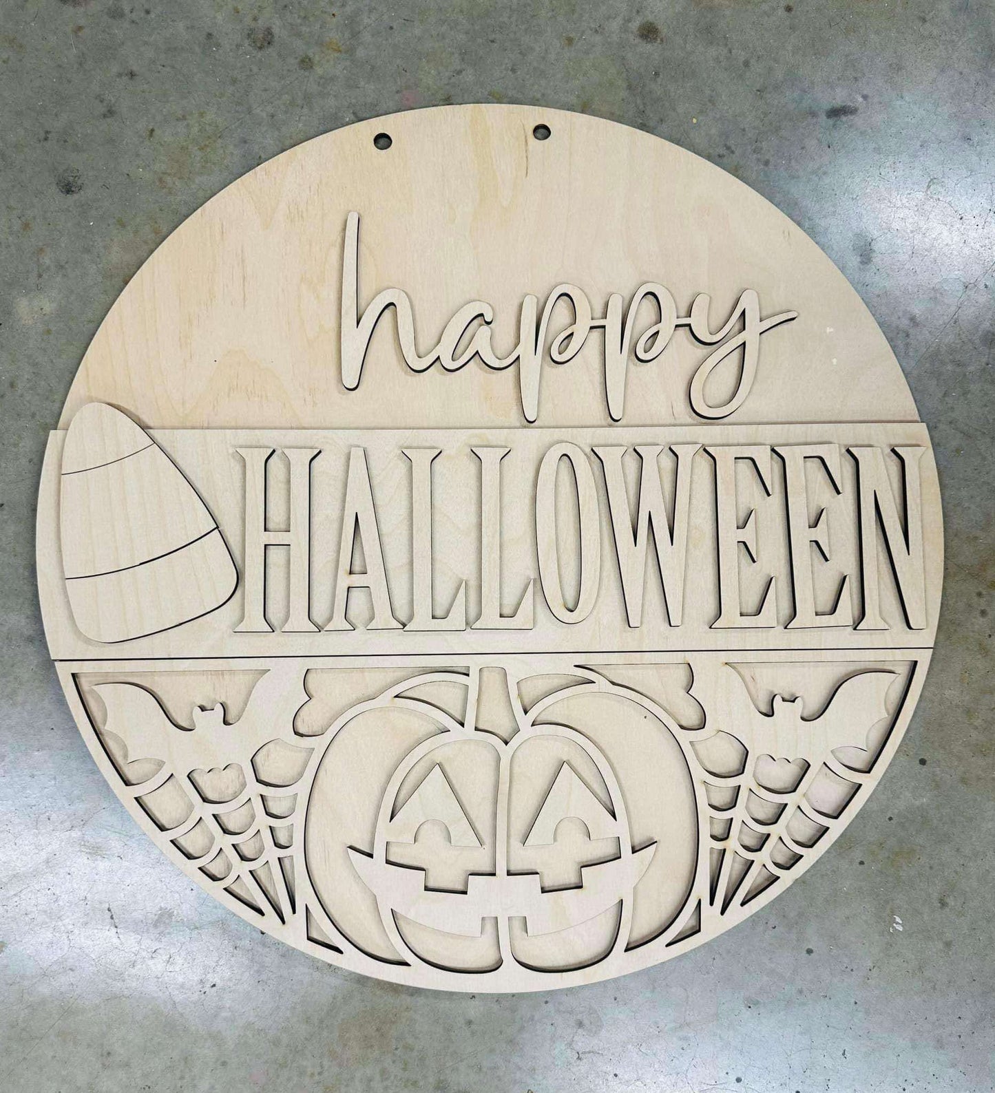 3D Door hanger - Happy Halloween with Candy Corn Pumpkin and Bats in web