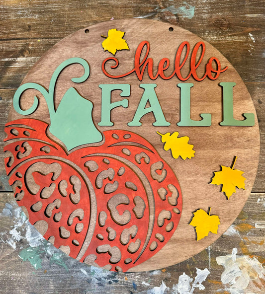 3D Door hanger - Hello Fall with Cheetah Pumpkin