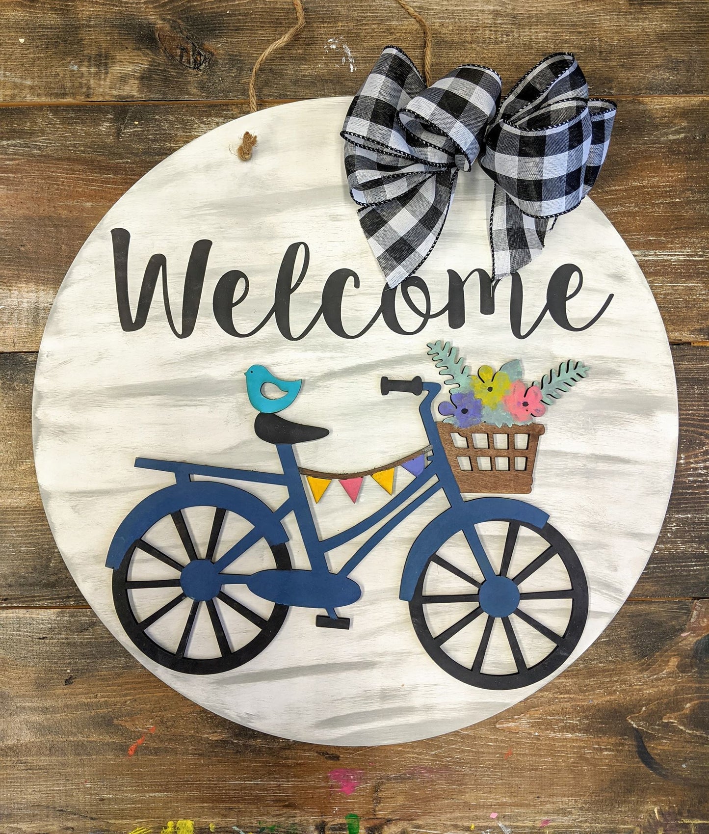 Door hanger Round- Welcome with Bicycle