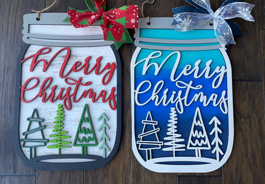 3D Door Hanger Merry Christmas with trees Mason Jar