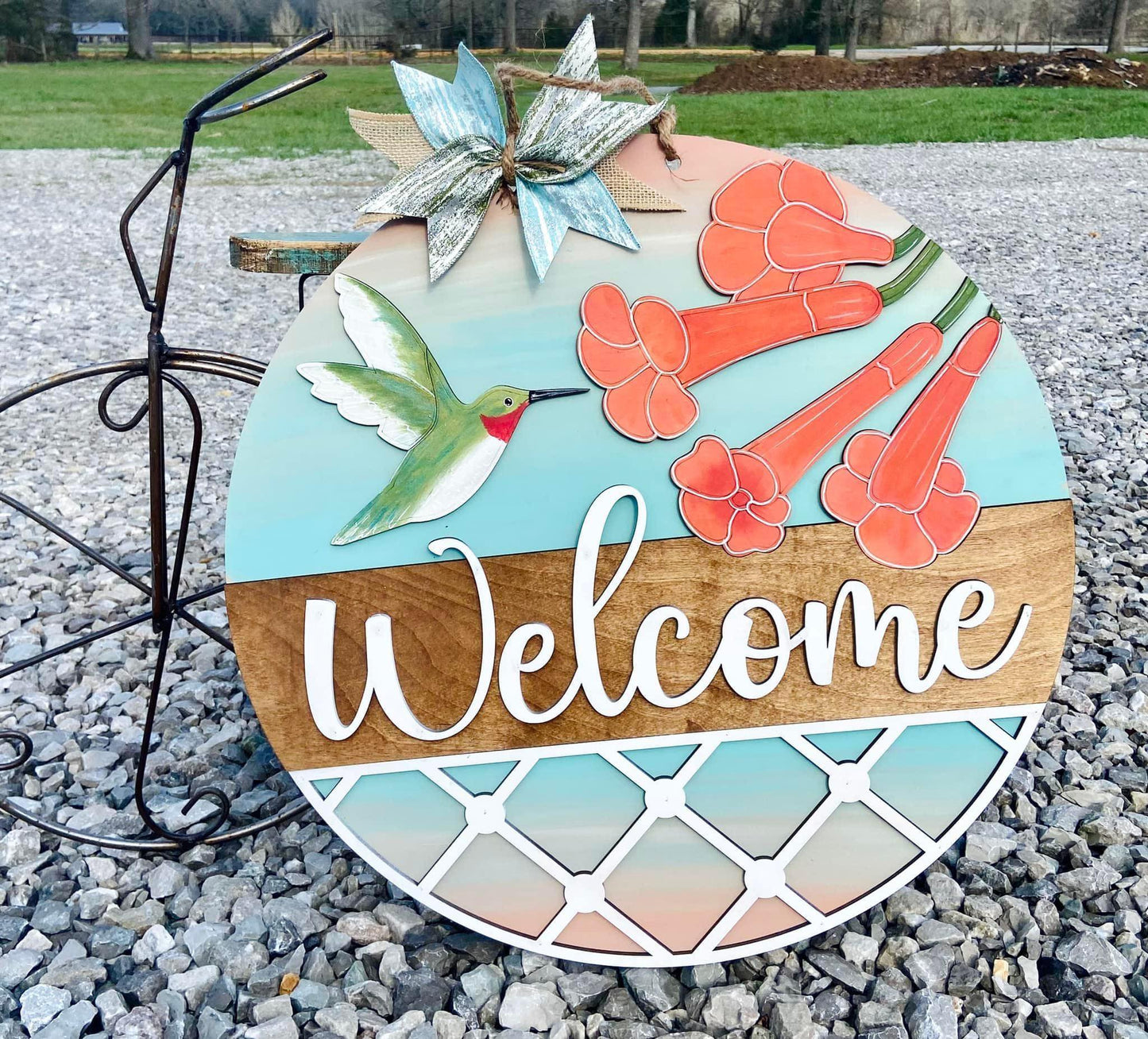 3D Door hanger - Welcome with Flowers and Hummingbird