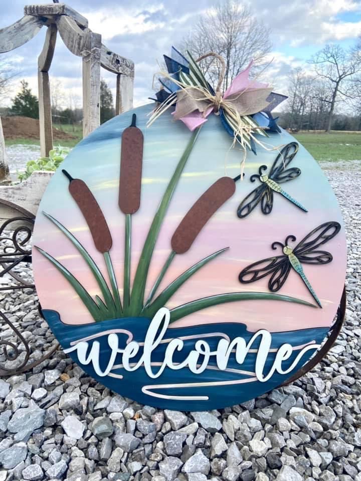 3D Door hanger - Welcome with Cattails and Dragonflies