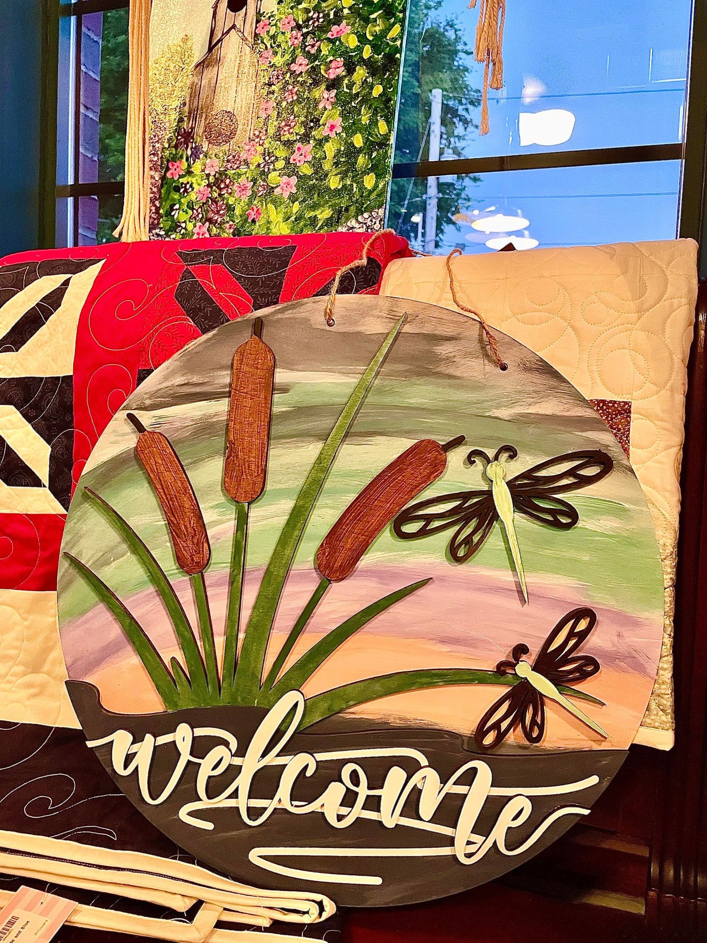 3D Door hanger - Welcome with Cattails and Dragonflies