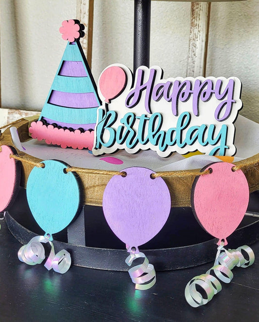 3D Tiered Tray Decor - Happy Birthday with balloon banner
