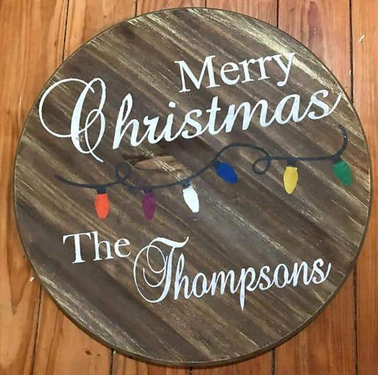 Merry Christmas Family name with lights-round