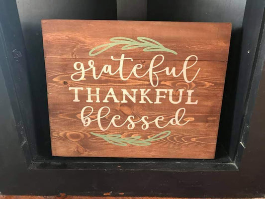 grateful thankful and blessed with leafy design