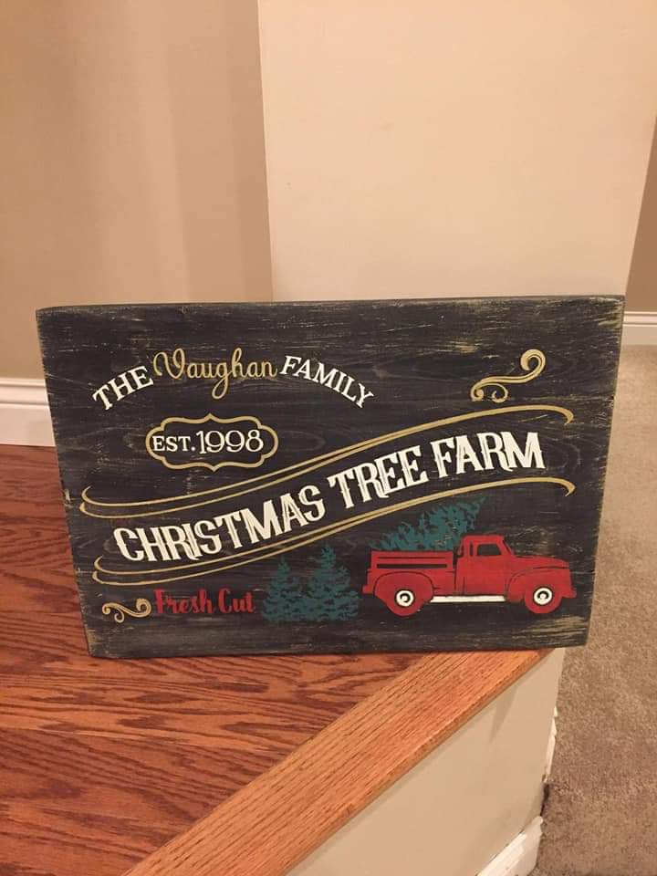 Christmas tree farm with truck family name and est date