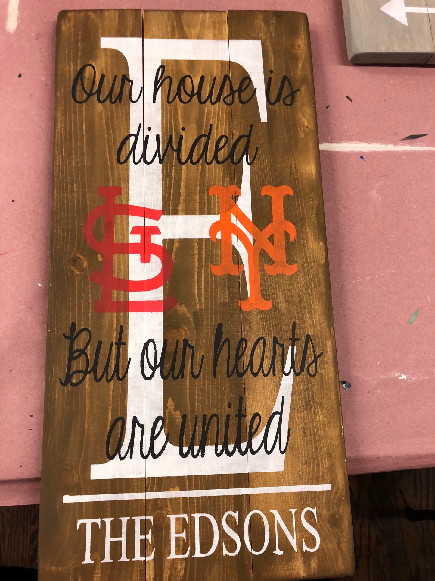 Our house is divided but our hearts are united-Cardinals and Cubs-Family name and initial