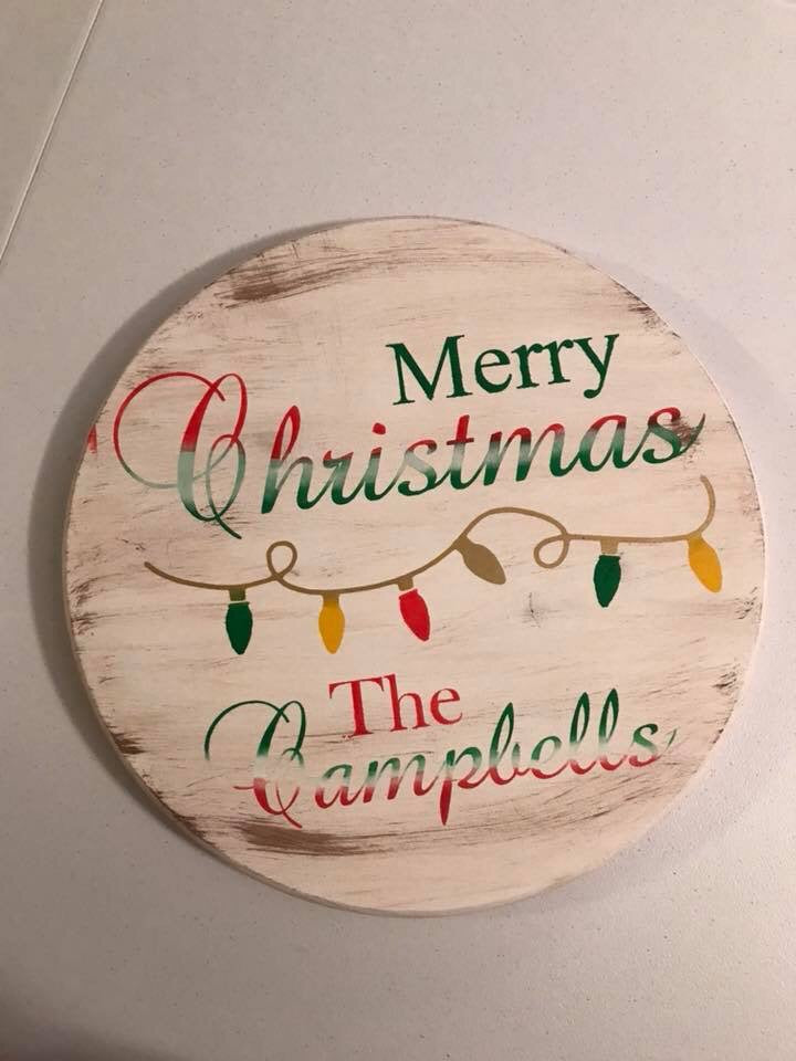 Merry Christmas Family name with lights-round