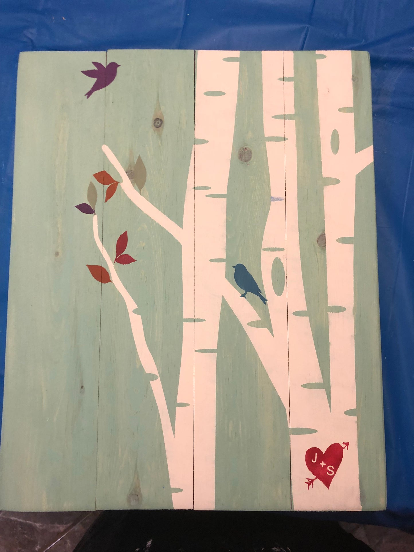 Tree with birds-couple initials in heart