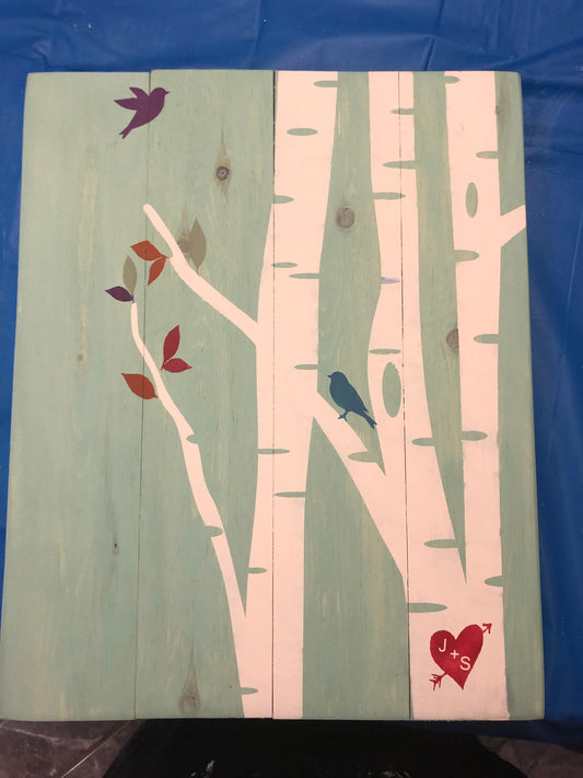 Tree with birds-couple initials in heart